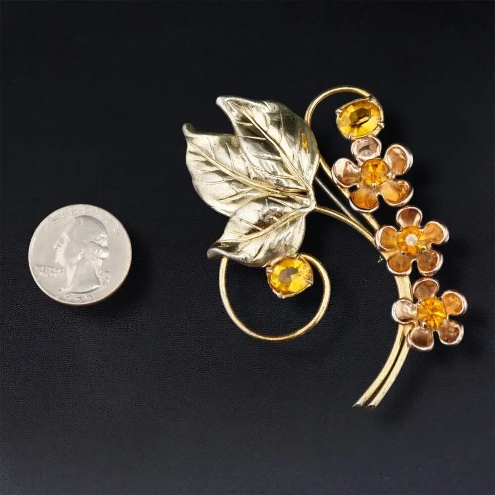 Vintage Sterling Silver Vermeil Flower Floral Spray Brooch Rhinestone Pin‎ 3